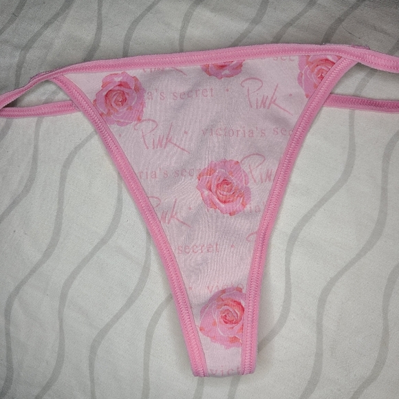 RARE VINTAGE PINK Victoria's Secret Thong Sz S Pink Roses - Picture 1 of 7